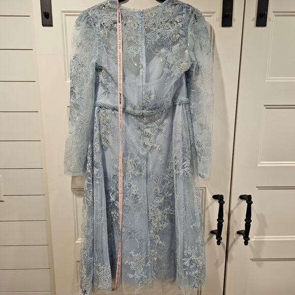 Mac Duggal 68020 Blue Embellished Lace Long Sleeve Beaded Midi Dress Size 12 - Picture 5 of 9